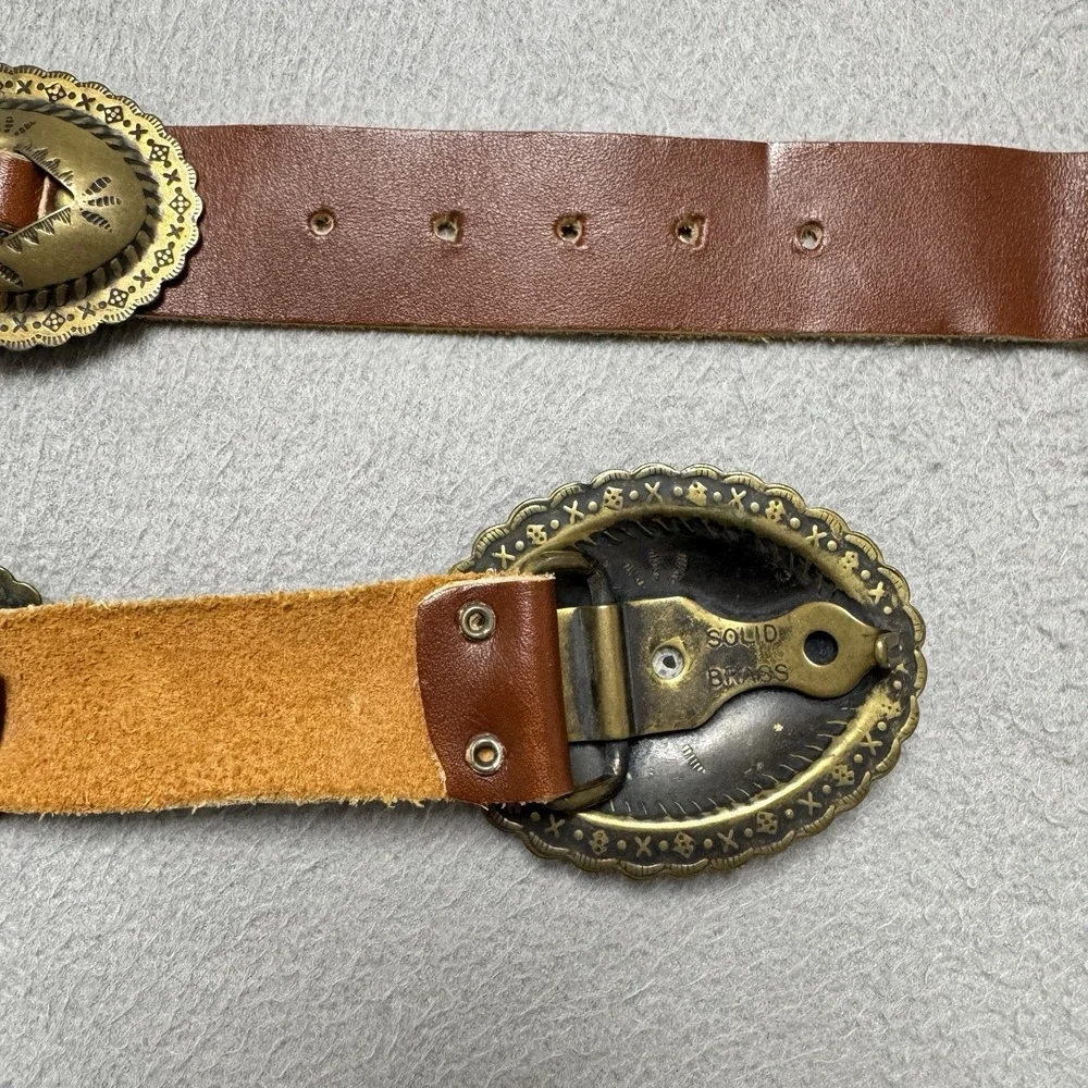 Concho Belt Womens 28 Brown Leather Brass Western Boho Festival Rodeo